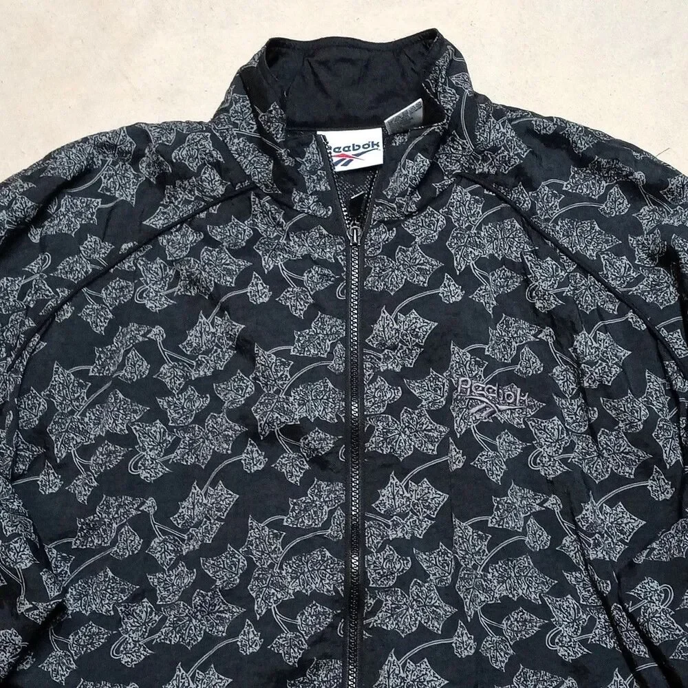 Vintage Reebok Windbreak Jacket Mens LARGE Black Leaf Leaves All Over Print - Picture 2 of 8